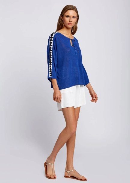 Keten Karışımlı Geometrik Detaylı Mavi Triko Tunik - 2