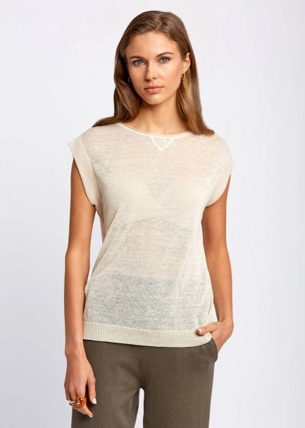 Keten Karışımlı Kolsuz Bej Triko Üst - 1