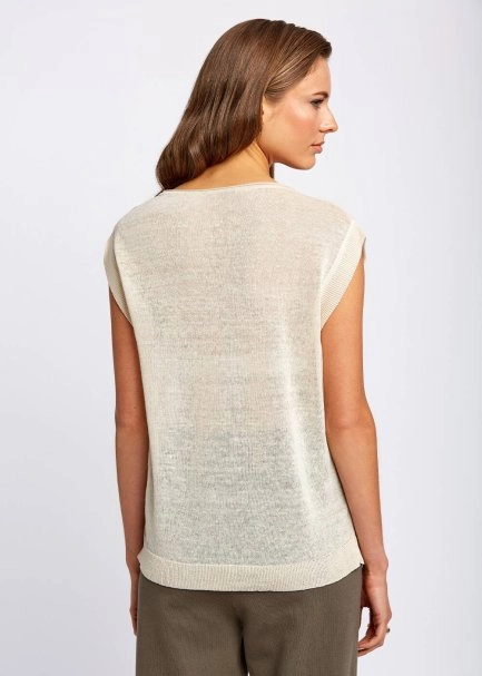 Keten Karışımlı Kolsuz Bej Triko Üst - 3
