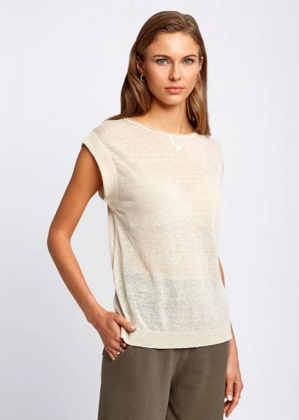 Keten Karışımlı Kolsuz Bej Triko Üst - 4