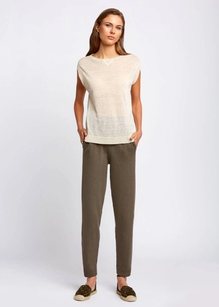 Keten Karışımlı Kolsuz Bej Triko Üst - 5