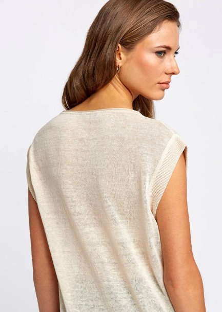 Keten Karışımlı Kolsuz Bej Triko Üst - 7