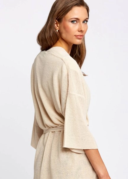 Keten Karışımlı Rahat Kesim Bej Triko Hırka - 7