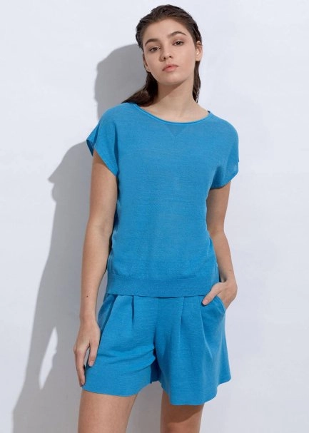 Keten Kolsuz Mavi Triko Üst - 5