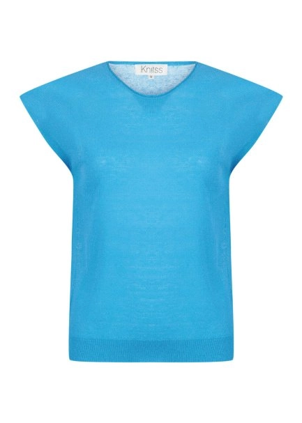 Keten Kolsuz Mavi Triko Üst - 7