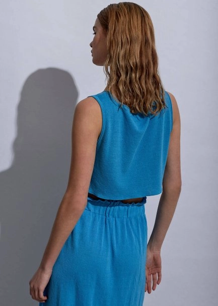 Keten Mavi Crop Triko Üst - 7