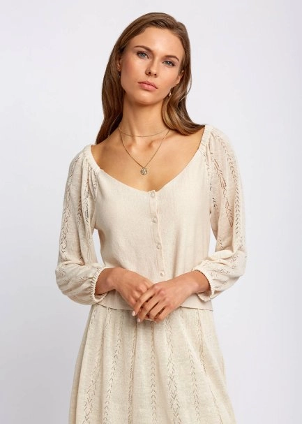 Keten Karışımlı Düğmeli Bej Triko Üst - 1