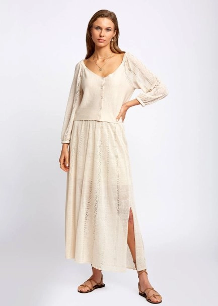 Keten Karışımlı Düğmeli Bej Triko Üst - 2