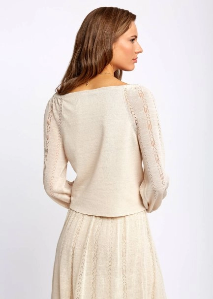 Keten Karışımlı Düğmeli Bej Triko Üst - 3