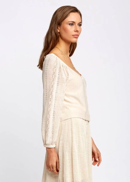 Keten Karışımlı Düğmeli Bej Triko Üst - 4