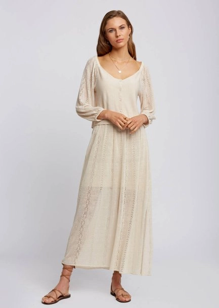 Keten Karışımlı Düğmeli Bej Triko Üst - 5