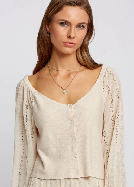 Keten Karışımlı Düğmeli Bej Triko Üst - 6