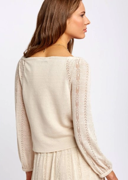 Keten Karışımlı Düğmeli Bej Triko Üst - 7