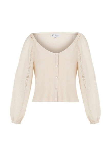 Keten Karışımlı Düğmeli Bej Triko Üst - 8