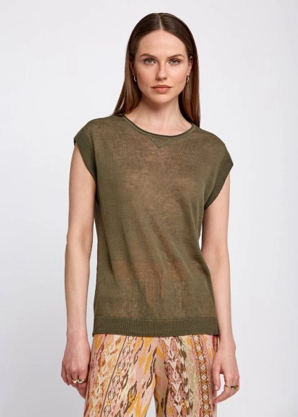 Keten Karışımlı Kolsuz Haki Triko Üst - 1