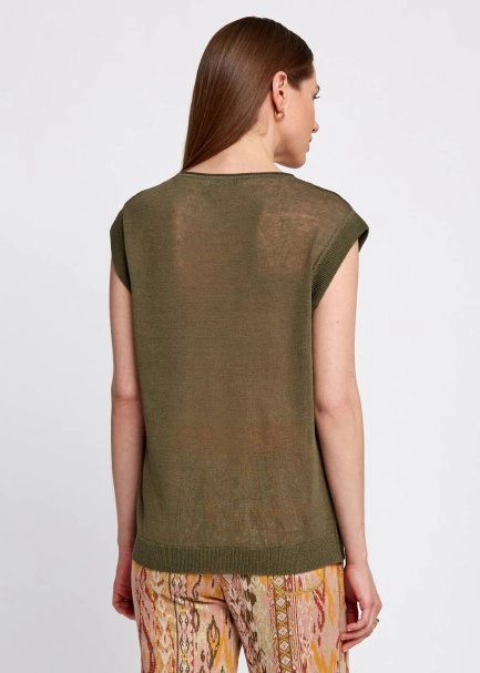 Keten Karışımlı Kolsuz Haki Triko Üst - 3
