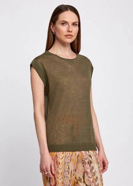 Keten Karışımlı Kolsuz Haki Triko Üst - 4