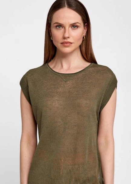 Keten Karışımlı Kolsuz Haki Triko Üst - 6