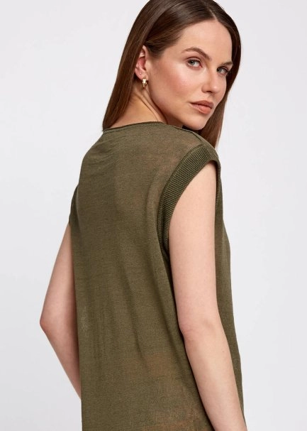 Keten Karışımlı Kolsuz Haki Triko Üst - 7