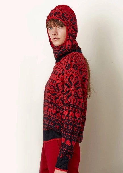 Kış Desenli Kırmızı&Lacivert Yün Bere - 4