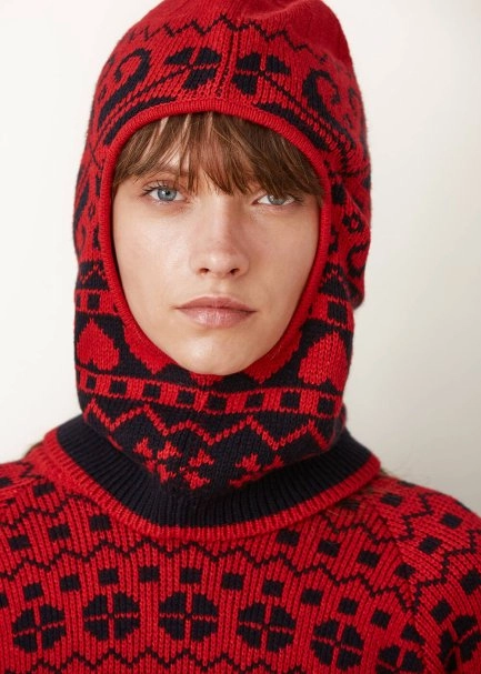 Kış Desenli Kırmızı&Lacivert Yün Bere - 5