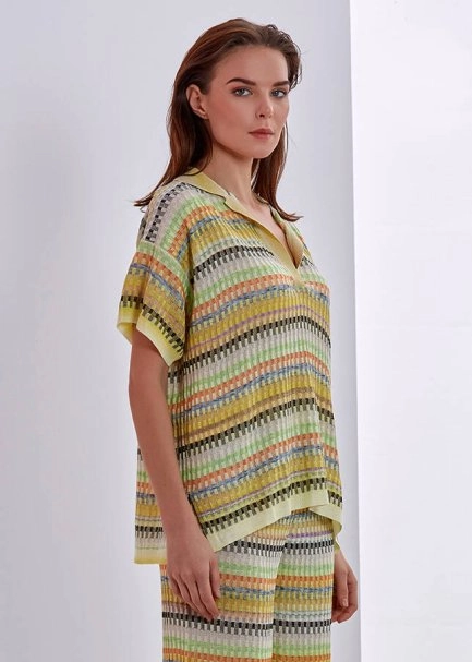 Desenli Polo Yaka Triko Üst - 4