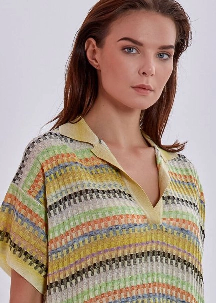 Desenli Polo Yaka Triko Üst - 5