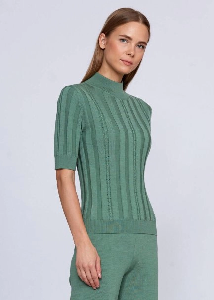 Kısa Kollu Balıkçı Yaka Merino Yün Yeşil Triko Üst - 4