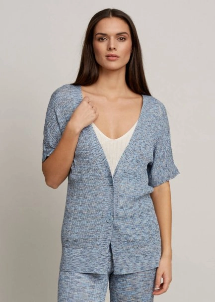 Kısa Kollu Desenli Mavi Hırka - 1