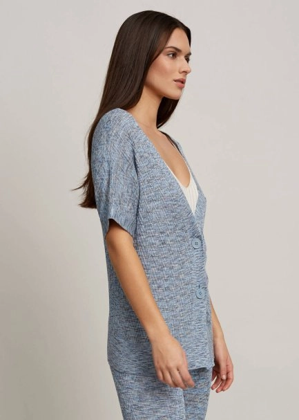 Kısa Kollu Desenli Mavi Hırka - 4