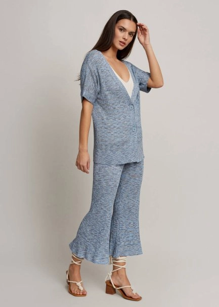 Kısa Kollu Desenli Mavi Hırka - 5