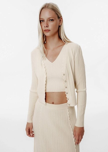 Knit Detail Enamel Button Beige Cardigan - 4