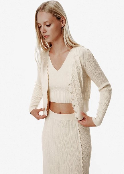 Knit Detail Enamel Button Beige Cardigan - 3