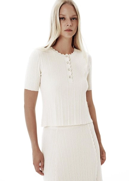 Knit Detail Enamel Button Beige Top - 3