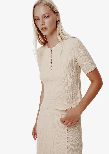 Knit Detail Enamel Button Beige Top - 3