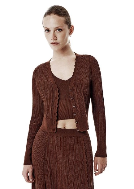 Knit Detail Enamel Button Brown Cardigan - 3