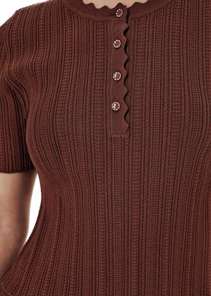 Knit Detail Enamel Button Brown Top - 4