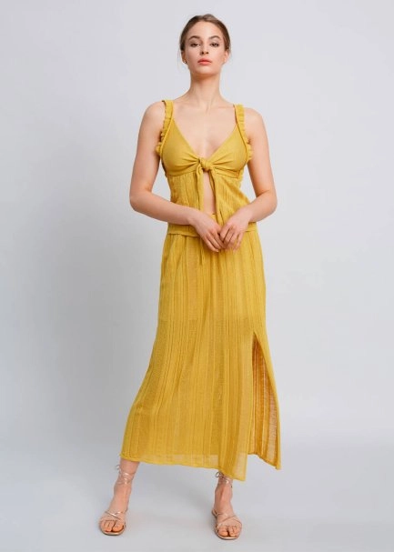 Knot Detailed Yellow Pointelle Knit Top - 2