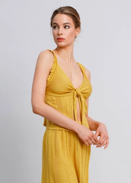 Knot Detailed Yellow Pointelle Knit Top - 4
