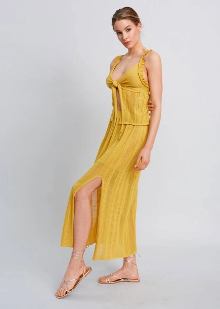 Knot Detailed Yellow Pointelle Knit Top - 5