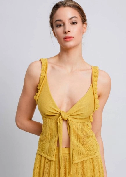 Knot Detailed Yellow Pointelle Knit Top - 7