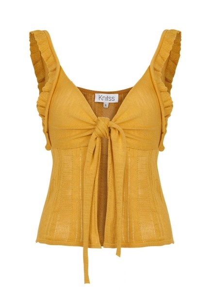 Knot Detailed Yellow Pointelle Knit Top - 8