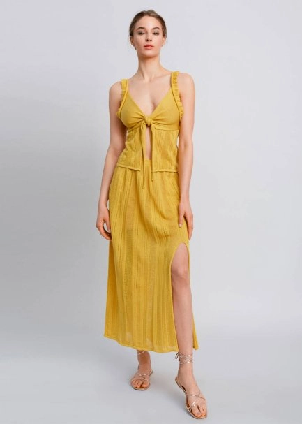 Knot Detailed Yellow Pointelle Knit Top - 6