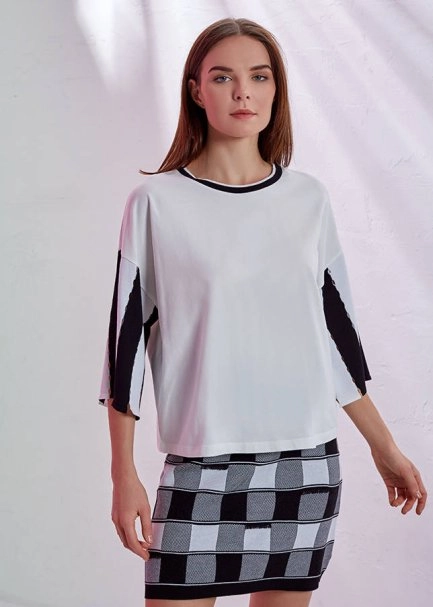 Kolları Triko Detaylı Beyaz T-Shirt - 1