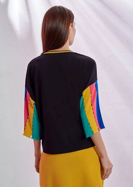 Kolları Triko Detaylı Siyah T-Shirt - 3