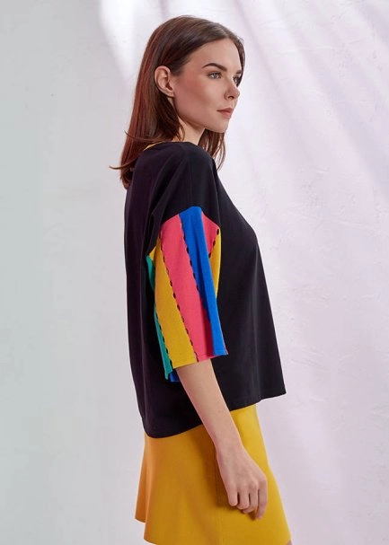 Kolları Triko Detaylı Siyah T-Shirt - 4