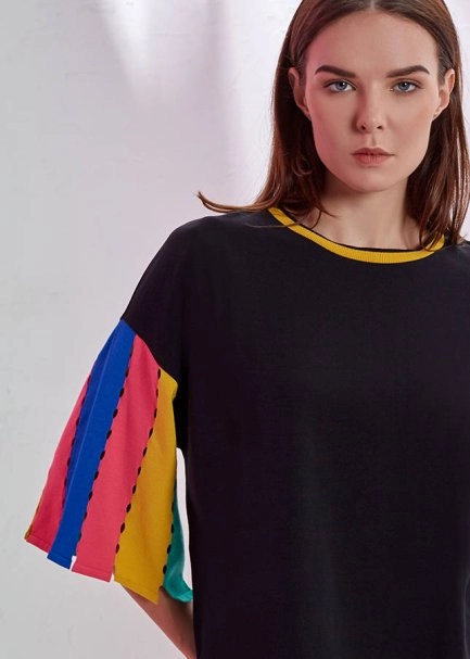 Kolları Triko Detaylı Siyah T-Shirt - 5