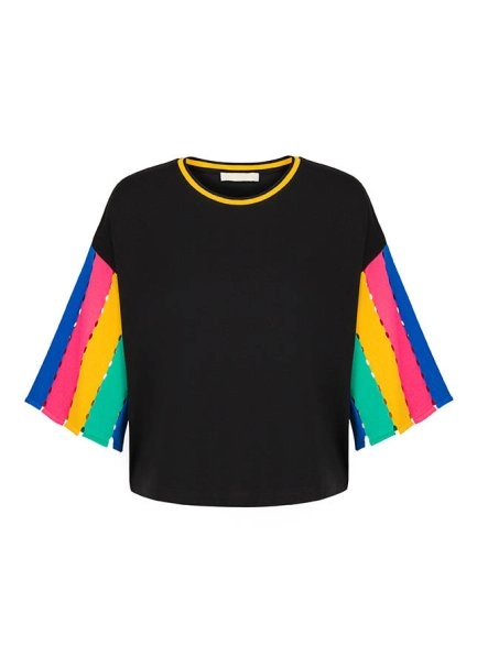 Kolları Triko Detaylı Siyah T-Shirt - 6