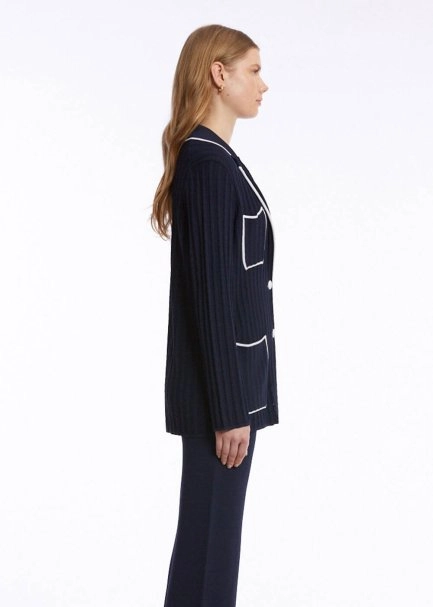 Kontrast Çizgili Lacivert Triko Ceket - 5