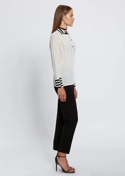 Kontrast Detaylı Merino Yün Ekru Triko Gömlek - 3